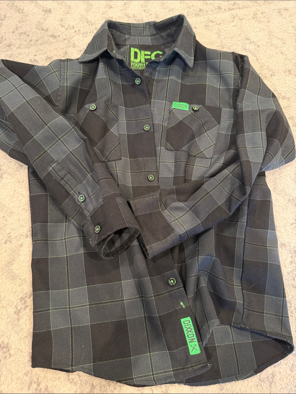 DIXXON Black and Gray Plaid Button-Down Shirt with Green Accents